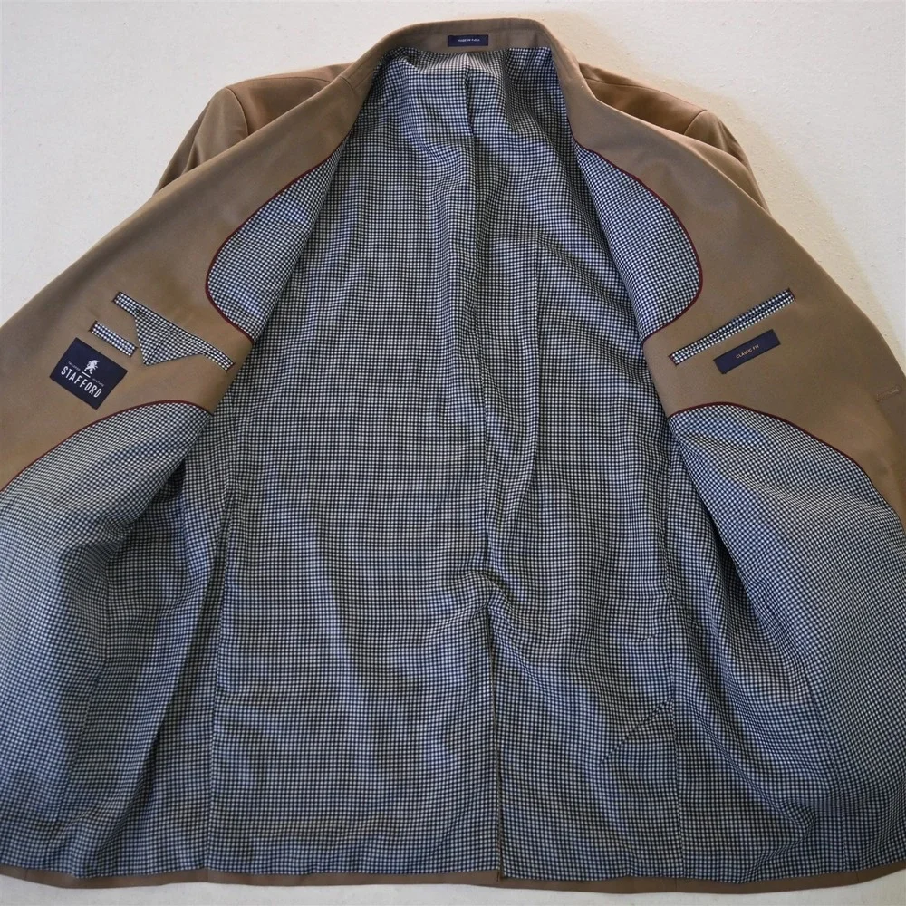 Stafford 48L Khaki 100%‎ Wool Gold Button Mens Blazer Suit Jacket Sport Coat